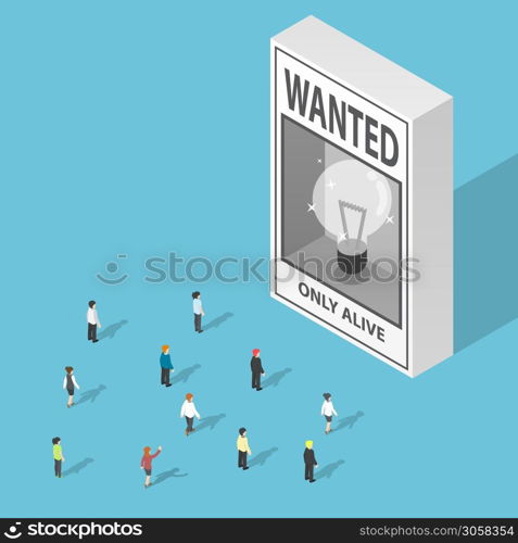 Isometric business people looking at ideas wanted poster, lack of ideas concept