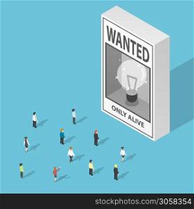 Isometric business people looking at ideas wanted poster, lack of ideas concept