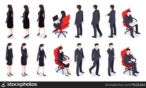 Isometric business people set with men and women in office wear front and back view 3d isolated vector illustration