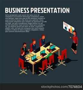 Isometric business presentation, meeting, financial report flat illustration with sample text on gray background. Vector modern design for websites, web banner, infographics, printed materials. Isometric business presentation, meeting, financial report flat illustration