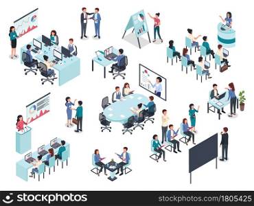 Isometric business training or coaching, office conference meeting. Businessman giving presentation, business education seminar vector set. Team brainstorming, discussing project or strategy. Isometric business training or coaching, office conference meeting. Businessman giving presentation, business education seminar vector set