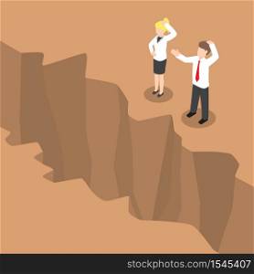 Isometric businessman and businesswoman standing at edge of the cliff