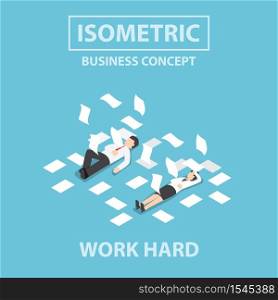 Isometric businessman and businesswoman work hard and unconscious on the floor, Flat 3d web isometric design, VECTOR, EPS10