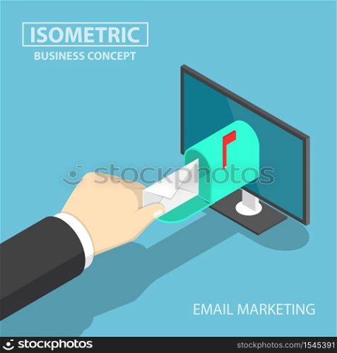 Isometric businessman hand getting mail delivery from monitor, email marketing business concept
