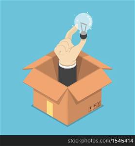 Isometric businessman hand holding light bulb of idea sticking out from the cardboard box, think outside the box concept