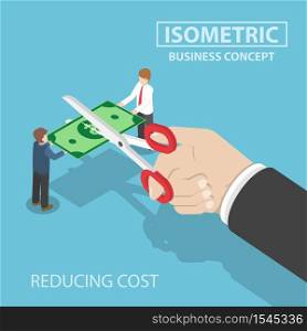 Isometric businessman hand with scissors cutting money, value of money decreasing, reducing cost, financial crisis concept, VECTOR, EPS10