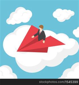 Isometric businessman on paper airplane above the cloud, leadership vision, business success and start up concept