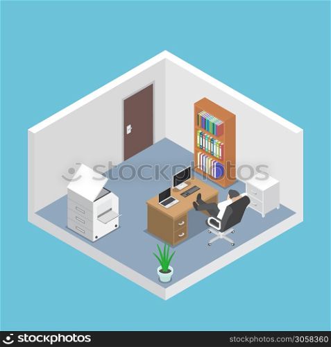 Isometric businessman relaxing in the office room, business success and relax concept