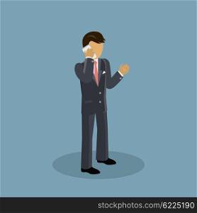 Isometric Businessman Speaking on Phone. Isometric businessman speaking on a phone. Success 3d businessman with telephone speak, man worker calling to work and male young confident executive in suit speaking on telephone. Vector illustration