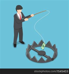 Isometric businessman stole money from bear trap by fishing rod, investment risk, business challenge concept