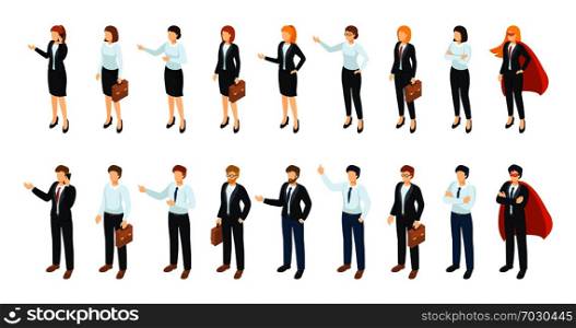 Isometric businessmen. Office employee 3D characters, different men and women standing sitting and communicating. Vector professional workers illustration set. Isometric businessmen. Office employee 3D characters, different men and women standing sitting and communicating. Vector workers set