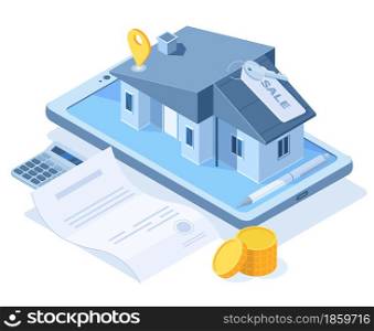 Isometric buying dream house concept, real estate agency service. Real estate property purchase, sweet home buying vector illustration. Smartphone app for real estate buying. Rent house building. Isometric buying dream house concept, real estate agency service. Real estate property purchase, sweet home buying vector illustration. Smartphone app for real estate buying