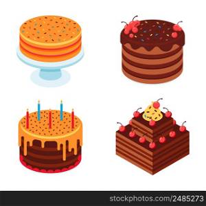 Isometric cakes to holiday birthday of collection. Illustration of sweet bakery and dessert, cream birthday with cherry and berry vector. Isometric cakes to holiday birthday of collection