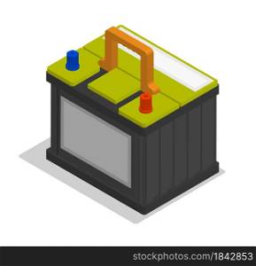 Isometric Car battery. Maintaining battery power. Maintenance in car repair shop. Realistic 3D vector isolated on white background