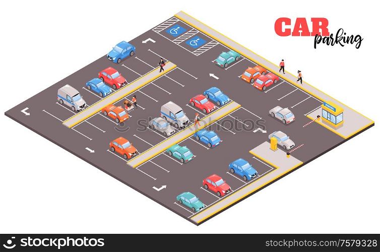 Isometric car parking mall composition with view of square area with images of cars and people vector illustration
