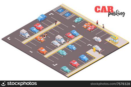 Isometric car parking mall composition with view of square area with images of cars and people vector illustration