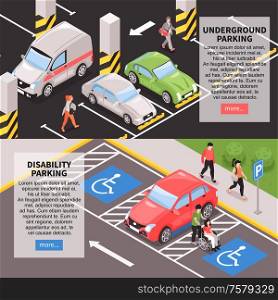 Isometric car parking place horizontal banners set with editable text fields clickable more button and images vector illustration