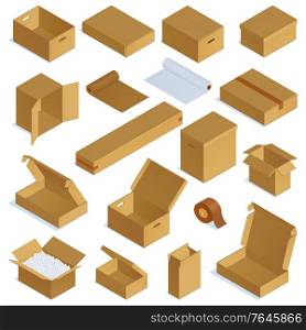 Isometric cardboard boxes containers set with isolated images of open and closed packages on blank background vector illustration