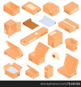 Isometric cardboard boxes set with isolated icons and images of pasteboard carton packs with packaging materials vector illustration