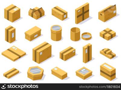 Isometric cardboard packaging shipping boxes. Postal delivery package, 3d carton boxes vector illustration set. Cardboard closed and open boxes with adhesive tape of different shape and size. Isometric cardboard packaging shipping boxes. Postal delivery package, 3d carton boxes vector illustration set. Cardboard closed and open boxes