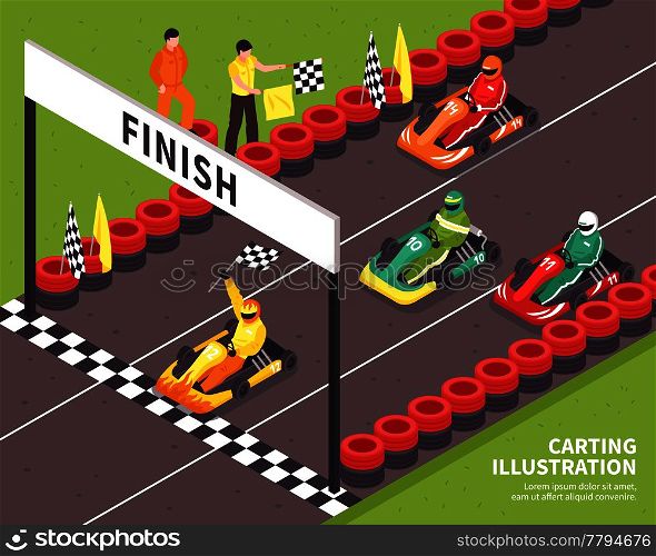 Isometric carting composition with view of outdoor race course and racing drivers riding carts with text vector illustration. Carting Race Finish Background