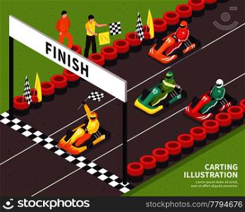 Isometric carting composition with view of outdoor race course and racing drivers riding carts with text vector illustration. Carting Race Finish Background
