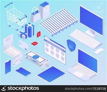 Isometric cartoon online shopping concept vector illustration. Set modern electronic device and design element for internet buying. Smart electronic ecommerce graphic isolated. Isometric cartoon online shopping concept vector illustration