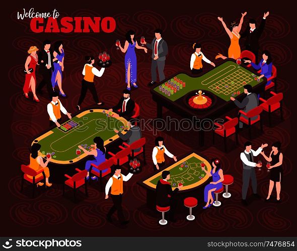 Isometric casino composition with human characters of celebrities and rich people playing roulette with ornate text vector illustration