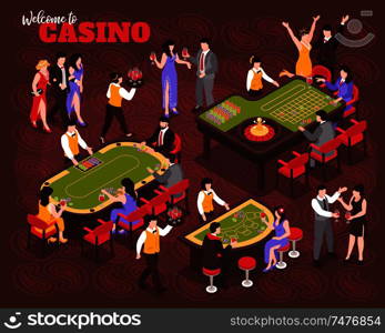 Isometric casino composition with human characters of celebrities and rich people playing roulette with ornate text vector illustration