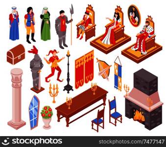 Isometric castle interior royal family set with isolated pieces of furniture and human characters of courtiers vector illustration