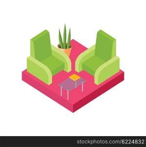 Isometric chair design isolated white. Armchair furniture and isometric furniture seat, interior comfortable, relaxation sit comfort, table and plant vector illustration