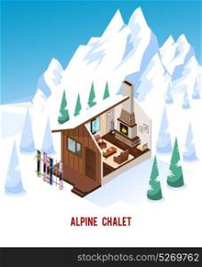 Isometric Chalet With Fireplace In Mountains . Alpine chalet with stand for skis classic fireplace and comfortable furniture in winter mountains isometric vector illustration