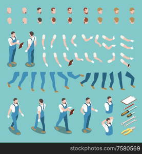 Isometric character constructor set with male heads arms legs bodies uniform and instruments isolated on blue background 3d vector illustration