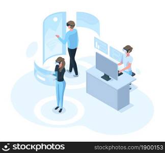 Isometric characters in futuristic virtual reality simulation world. People wearing virtual reality digital vector illustration. VR world activities concept. Digital isometric futuristic vr. Isometric characters in futuristic virtual reality simulation world. People wearing virtual reality digital vector illustration. VR world activities concept