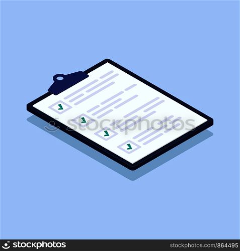 Isometric checklist vector illustration. Pad with sheets of paper and a list of tasks with checkboxes that are checked with a green check mark. EPS 10. Isometric checklist vector illustration. Pad with sheets of paper and a list of tasks with checkboxes that are checked with a green check mark.