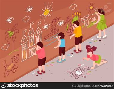 Isometric children art school wall composition with group of kids drawing on street wall and asphalt vector illustration