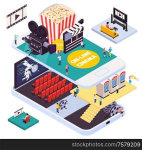 Isometric cinema composition with smartphone shaped platforms and movie theater insides with furniture screens and people vector illustration