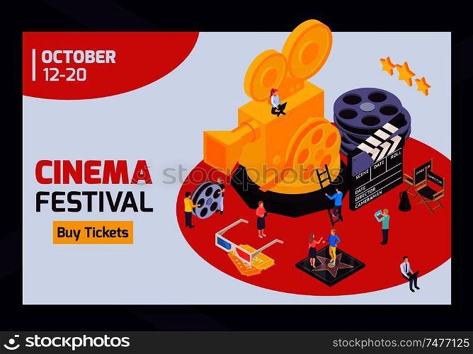 Isometric cinema festival horizontal banner with editable date text buy tickets button and golden camera image vector illustration