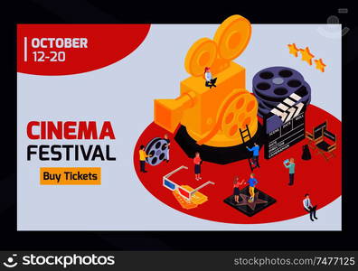 Isometric cinema festival horizontal banner with editable date text buy tickets button and golden camera image vector illustration