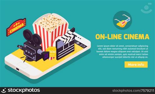 Isometric cinema horizontal banner with conceptual images of smartphone camera and popcorn with text and button vector illustration