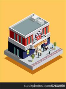 Isometric Cinema Illustration. Isometric cinema building with people at entrance on yellow background 3d vector illustration
