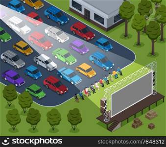 Isometric cinema outdoor composition with open air scenery rows of cars and sitting people with screen vector illustration