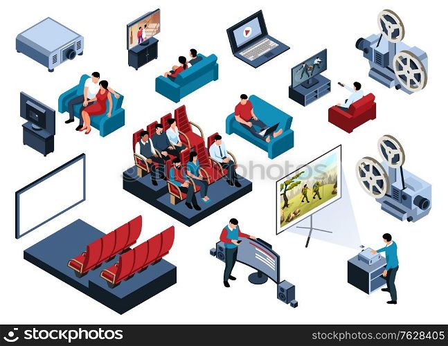Isometric cinema set with isolated icons of movie theater equipment audience characters and home cinema images vector illustration