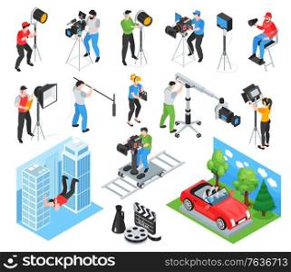 Isometric cinematography set of isolated icons and characters of shooting crew members working with professional equipment vector illustration