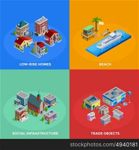 Isometric City 2x2 Icons Set. Isometric city 2x2 icons set with low-rise and historic buildings beach and trade objects on colorful background isolated vector illustration