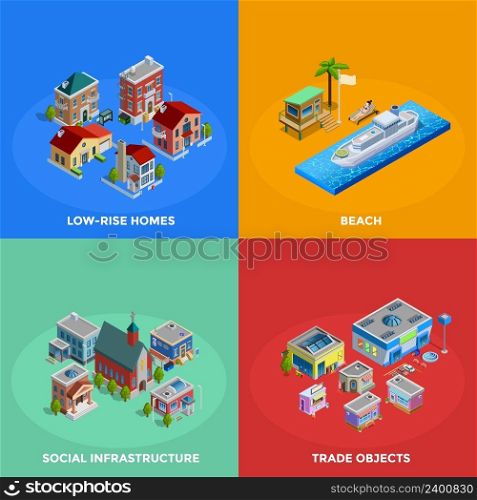Isometric city 2x2 icons set with low-rise and historic buildings beach and trade objects on colorful background isolated vector illustration. Isometric City 2x2 Icons Set
