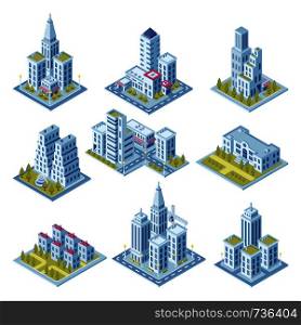 Isometric city architecture, cityscape building, landscape garden and business office skyscraper. Public property school and hospital buildings for 3d street movement map realistic isolated vector set. Isometric city architecture, cityscape building, landscape garden and office skyscraper. Buildings for 3d street map vector set