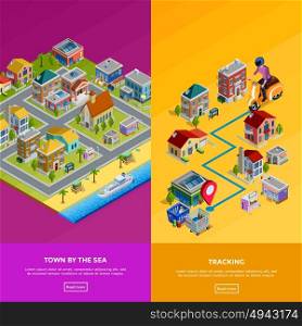 Isometric City Banners. Isometric city banners with town by sea and delivery to house isolated vector illustration