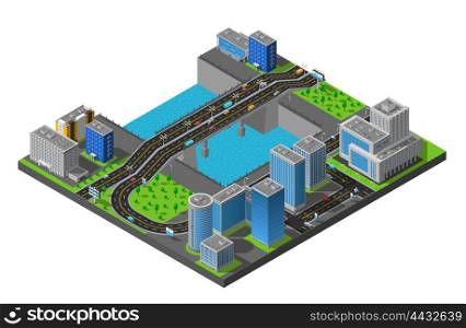 Isometric City Bridge Composition Poster. City business center and residential district isometric map with bridge across the river poster abstract vector illustration