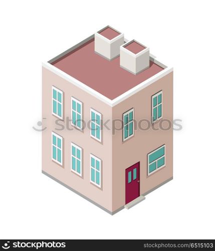 Isometric City Building Vector. Isometry. Isometric city building vector. Isometry icon of city. Modern architecture, skyscraper exterior, clean city. Home and office building. Eco friendly environment. Residential estate cityscape.